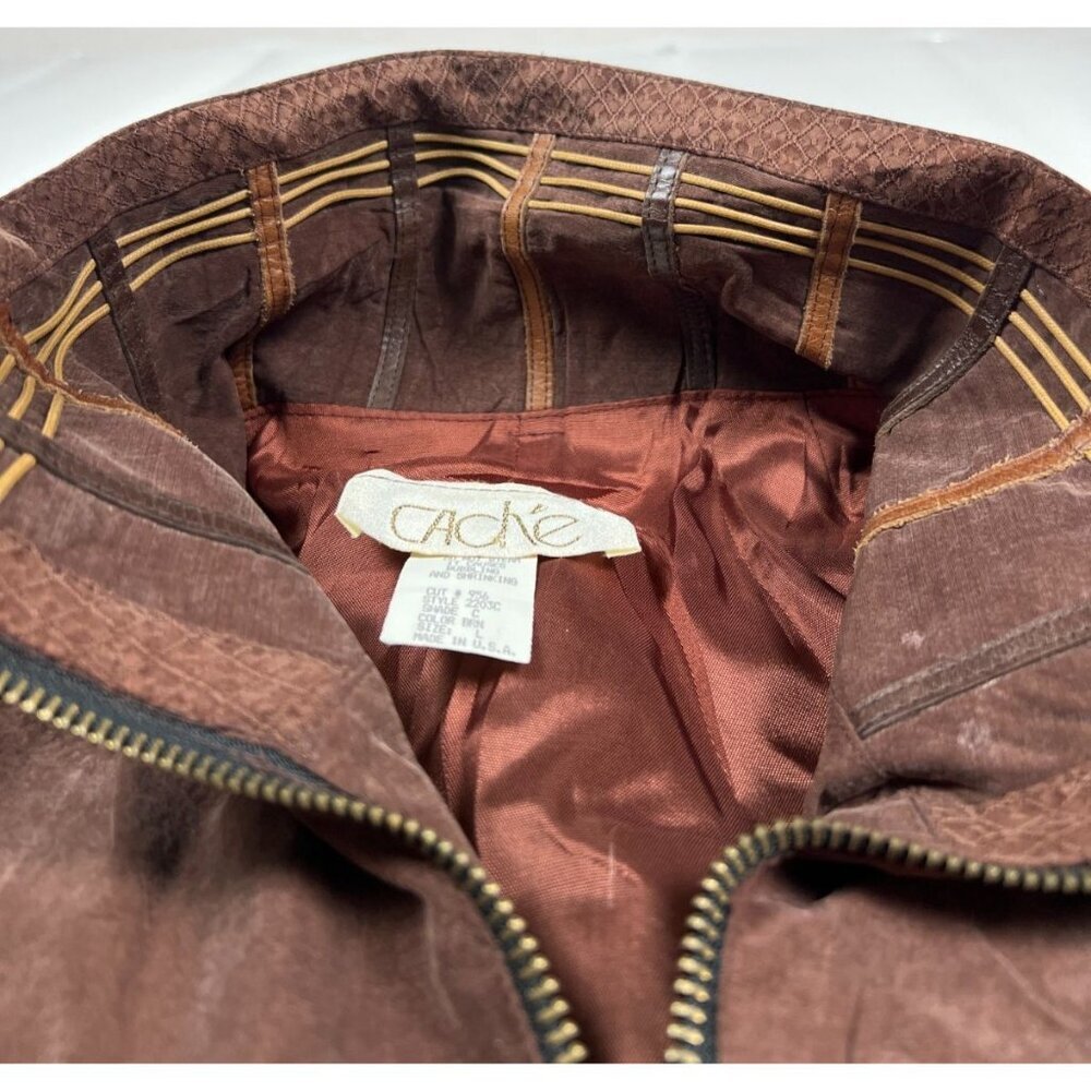 Caché Women L Vintage Brown Suede Bomber Jacket Earthy Mixed Media Made in USA - Picture 3 of 7